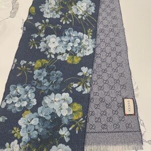 Gucci Blue Floral Scarf with Gray Monogram